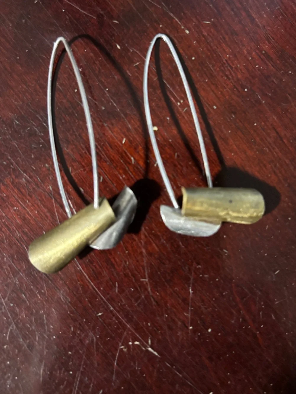 Two-Tone Gold & Silver Colored Metal Drop Earrings - Handmade Sculptural Design